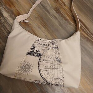 New Compass Globe Top handle Shoulder Bag Purse Ivory Gray Crescent Baguette